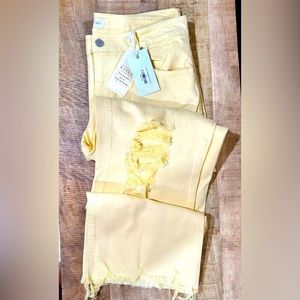 Risen High Rise Distressed Raw Hem Crop Pale Yellow Jeans